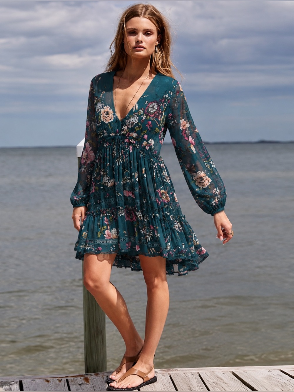 Free People Cherry Blossom Mini Lined Dress Tunic Emerald Combo XS Boho NWT
